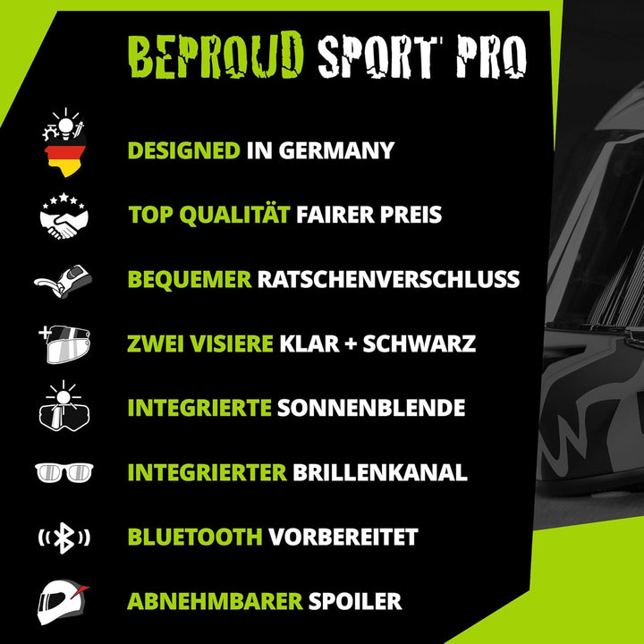 Broken Head BeProud Pro Sport - Motorradhelm Mit Sonnenblende und Spoiler – Ltd. Edition Mit 2 Visie