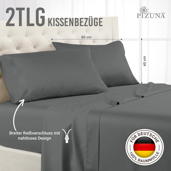 Pizuna Luxuriöser Soft-Satin 2er Pack Kissenbezug 40x80 cm Anthrazit Grau, 600 Fadenzahl Baumwolle K