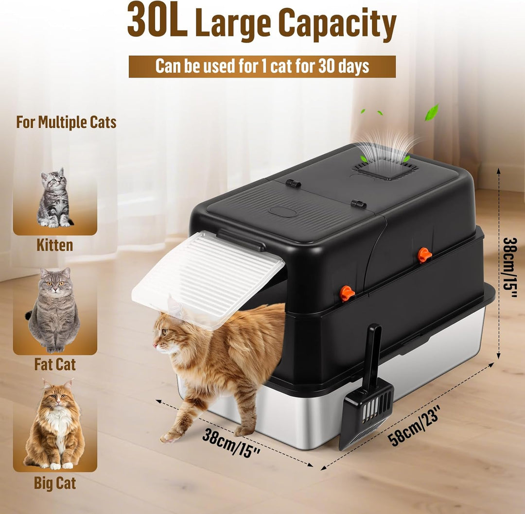 Katzenklo Edelstahl XXL mit Deckel, grosses geschlossenes Katzentoilette mit hoher Rand und Streusch