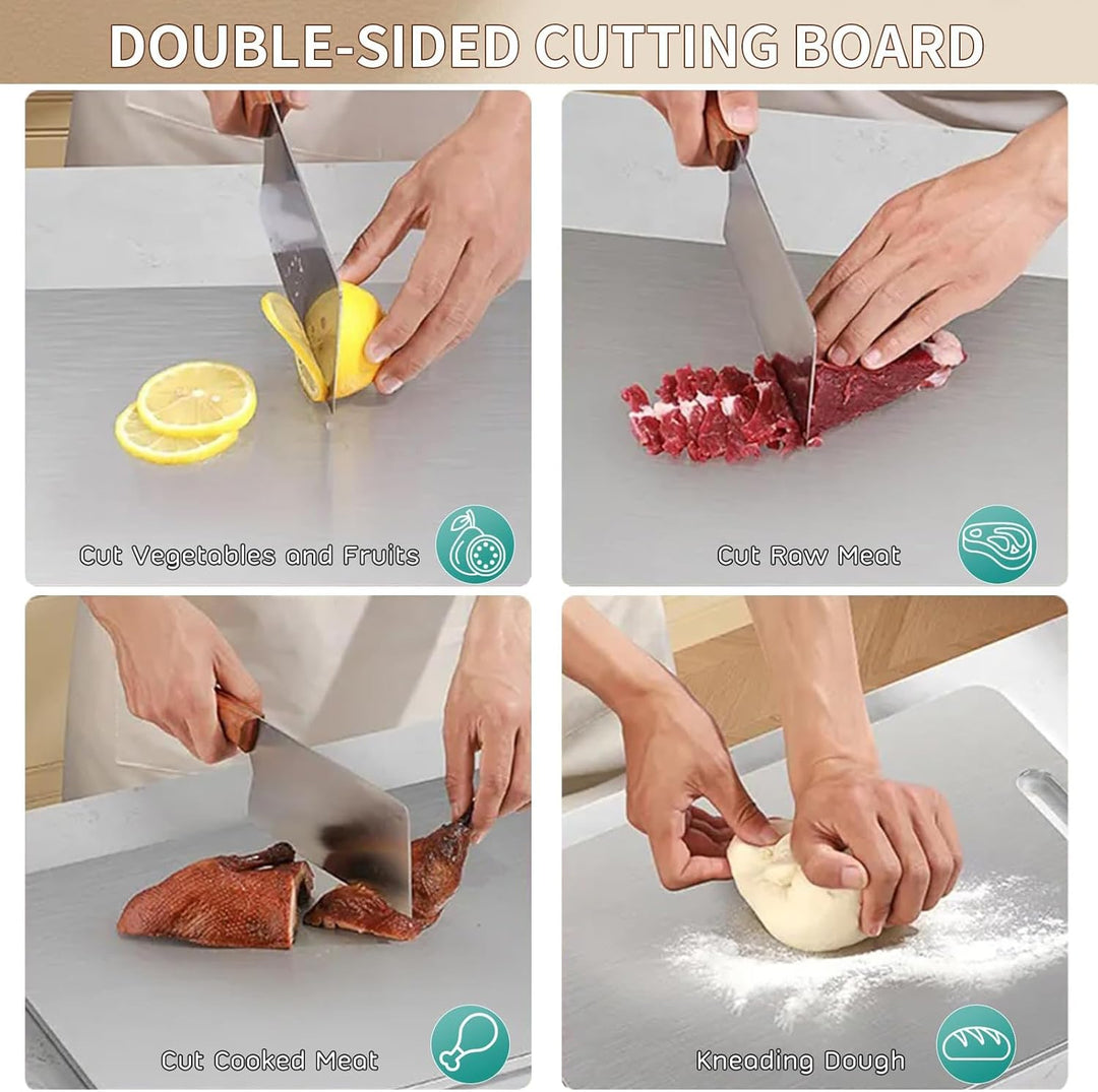 3 Stück Schneidebrett Edelstahl, Titan Schneidebrett, Doppelseitiges & Hygienisches Cutting Board, L