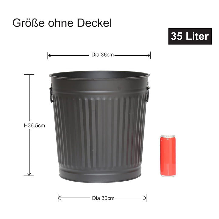 Jinfa Retro Vintage Metalltonne Mülleimer Ascheeimer | Matt Schwarz | Ø 36 cm | Vol. 35 Liter Schwar