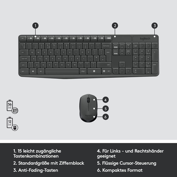 Logitech MK235 Kabelloses Set mit Tastatur und Maus für Windows, 2,4 GHz kabelloser Unifying-USB-Emp