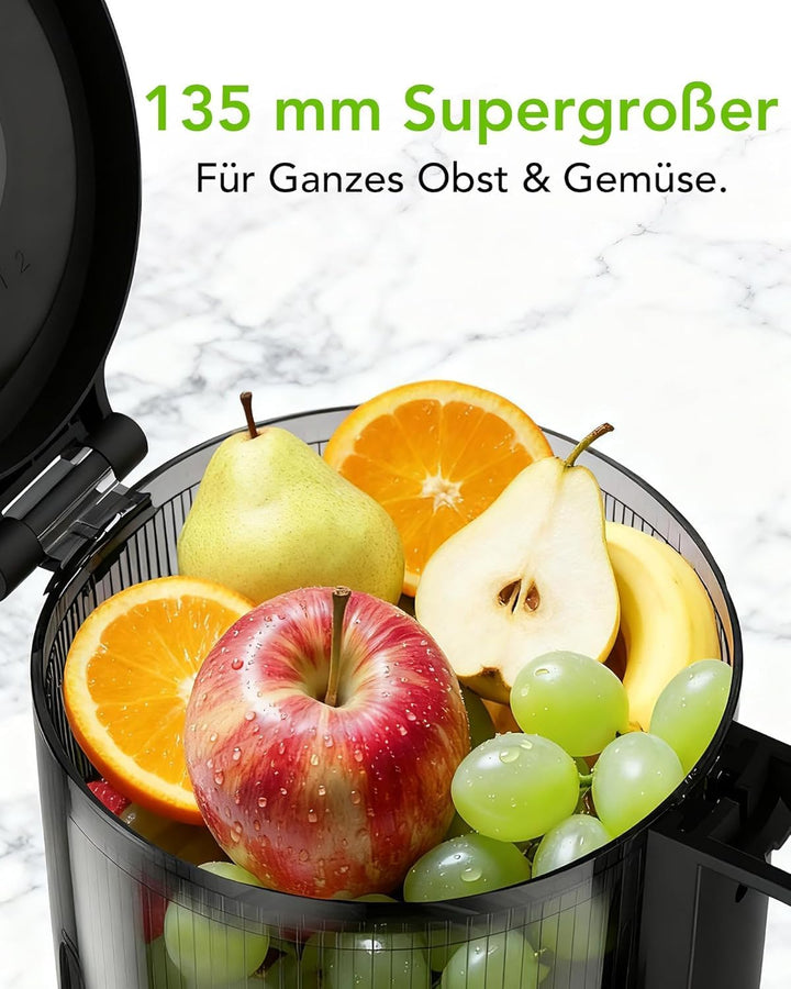 Kismile Entsafter, Slow Juicer mit 135 MM XL-Einfüllschacht, Hohe Saftausbeute für Ganze Gemüse und