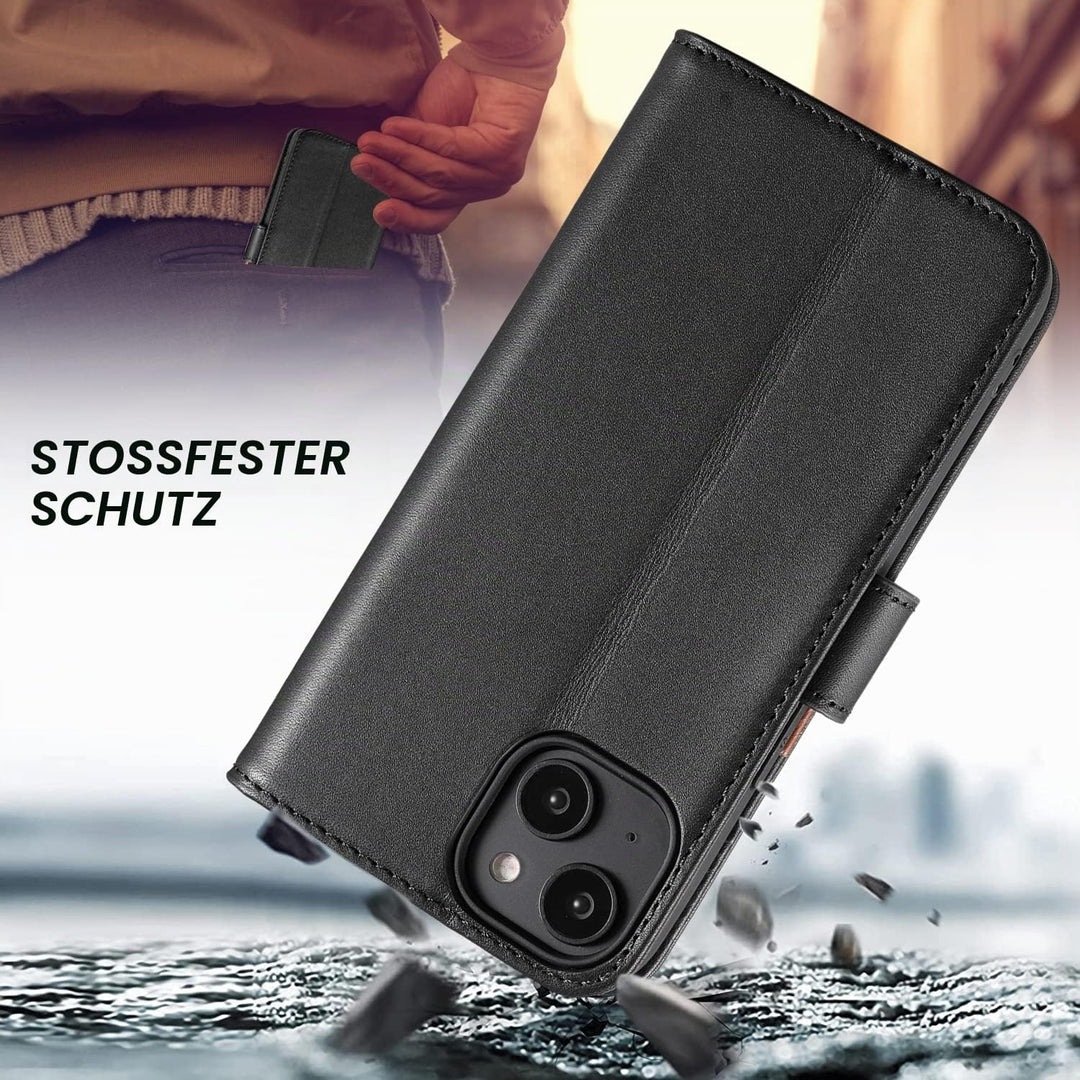 LENSUN Echtleder Hülle für iPhone 14, Handyhülle [Echtes Leder][Magnetverschluss][RFID Schutz] Handy