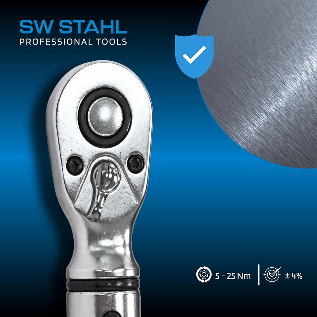 SW-Stahl 03809L Profi Drehmomentschlüssel 1/4 Zoll 5-25 Nm I Rechts-und Linksanzug I Doppelskala FT-