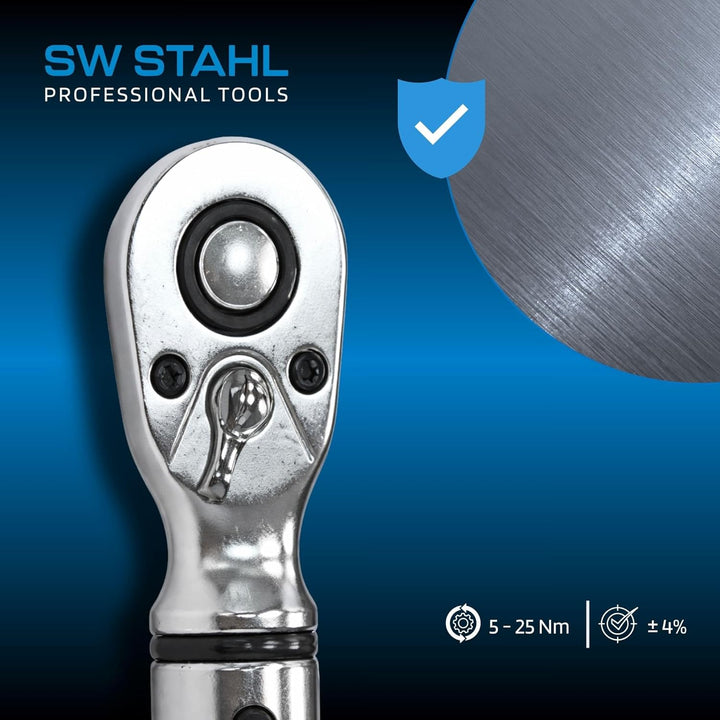 SW-Stahl 03809L Profi Drehmomentschlüssel 1/4 Zoll 5-25 Nm I Rechts-und Linksanzug I Doppelskala FT-