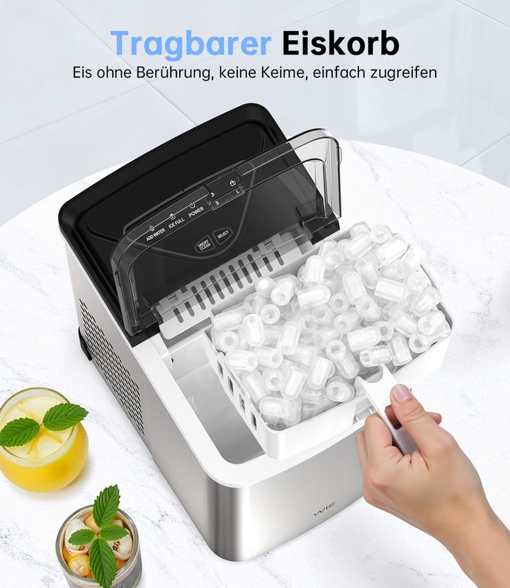 WIE Eiswürfelmaschine, 15KG Eiswürfelbereiter Ice Maker, 9 Würfel in 6 Min, Eiswürfelmaschinen mit T