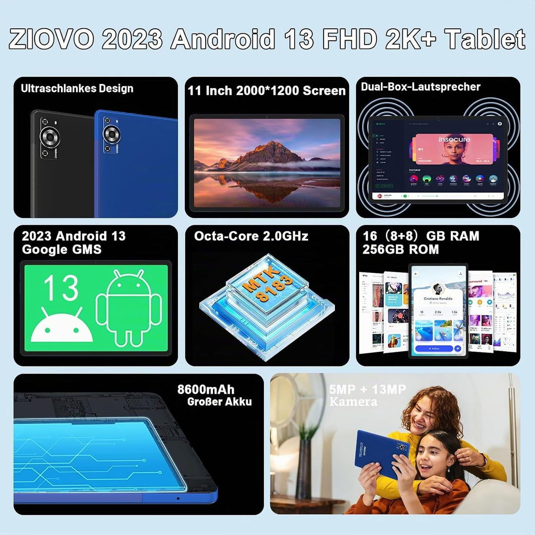 ZIOVO 2026 Tablet 11 Zoll Android 13 mit 16GB RAM+256GB ROM/TF 2TB, FHD 2000 * 1200, Octa-Core 2.0 G
