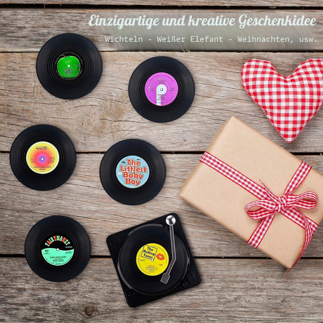 Valdivia Retro-Vinyl-Schallplatten Untersetzer mit Spieler, 6 Stück Untersetzer Gläser für Getränke,