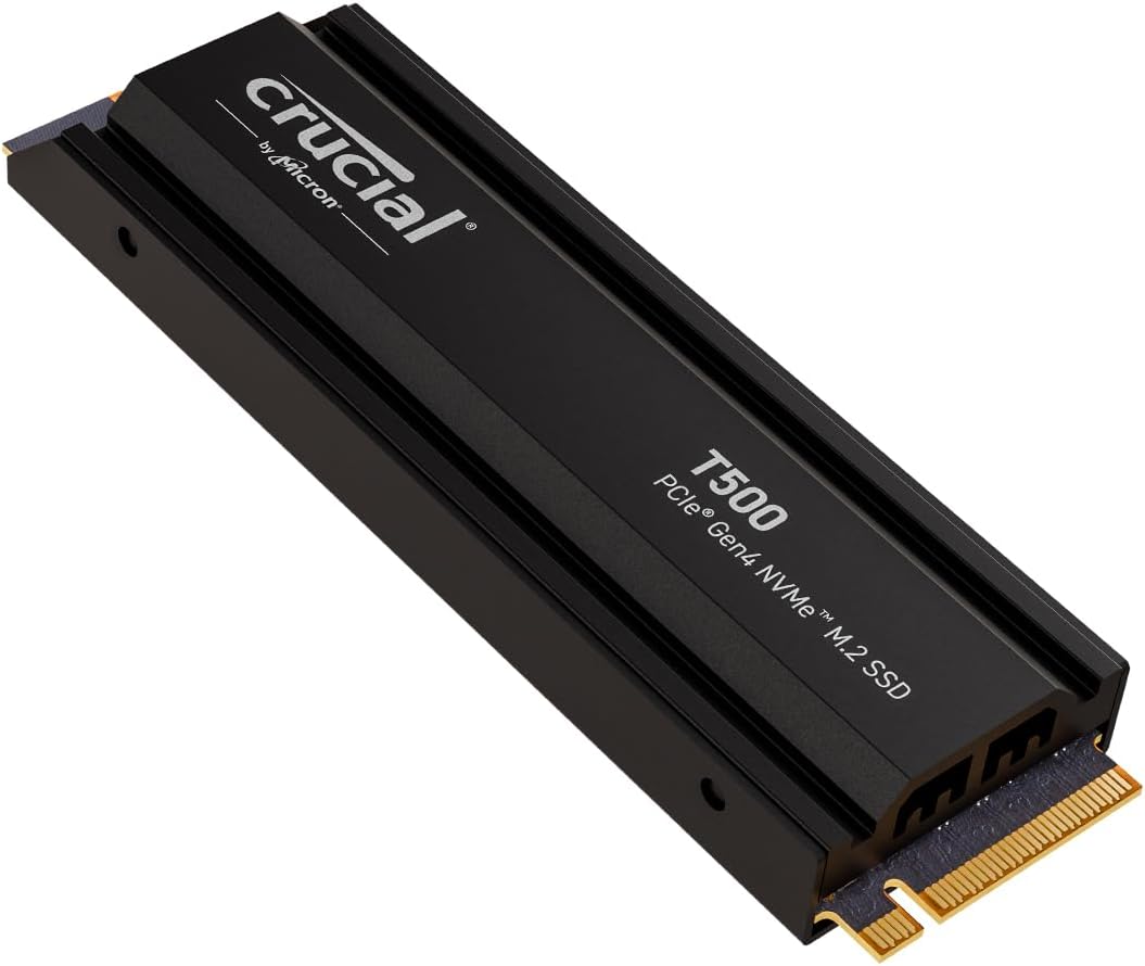Crucial T500 SSD 1TB PCIe Gen4 NVMe M.2 Interne PS5 SSD Festplatte mit Kühlkörper, bis 7300MB/s, Lap