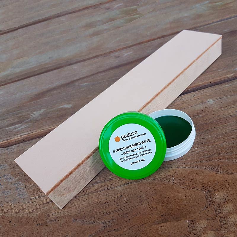 PODURO Streichriemen und Pasten-Set Kombi « Abziehleder auf Holz und Chromoxid Schleifpaste zum Mess