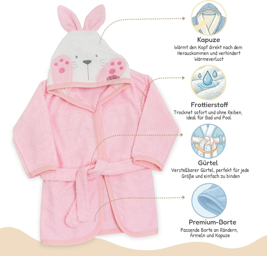 Ti TIN Kinder‑Bademantel mit Kapuze und Hasenohren – 100% Baumwolle, weich & saugfähi, Grösse 6–12 M