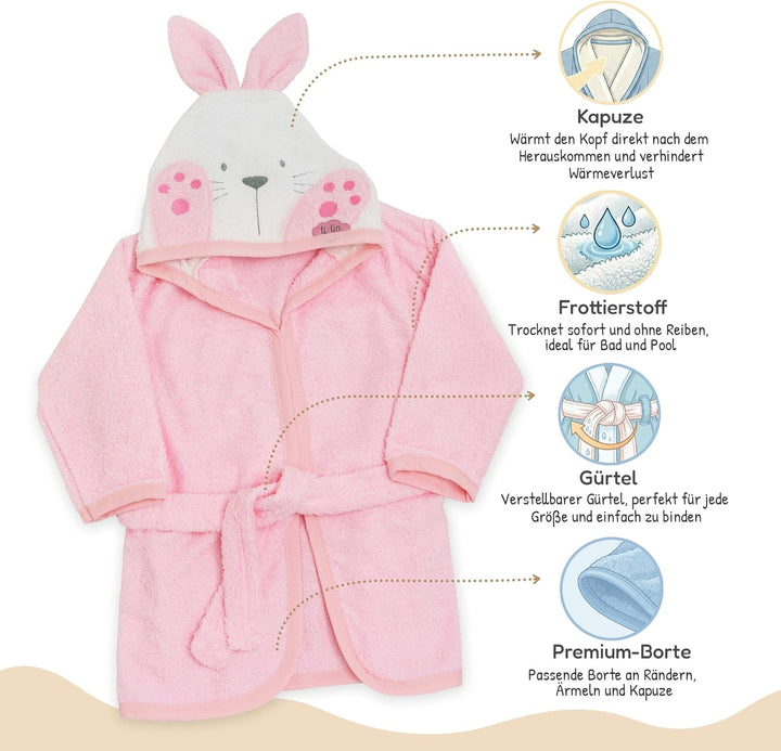 Ti TIN Kinder‑Bademantel mit Kapuze und Hasenohren – 100% Baumwolle, weich & saugfähi, Grösse 6–12 M