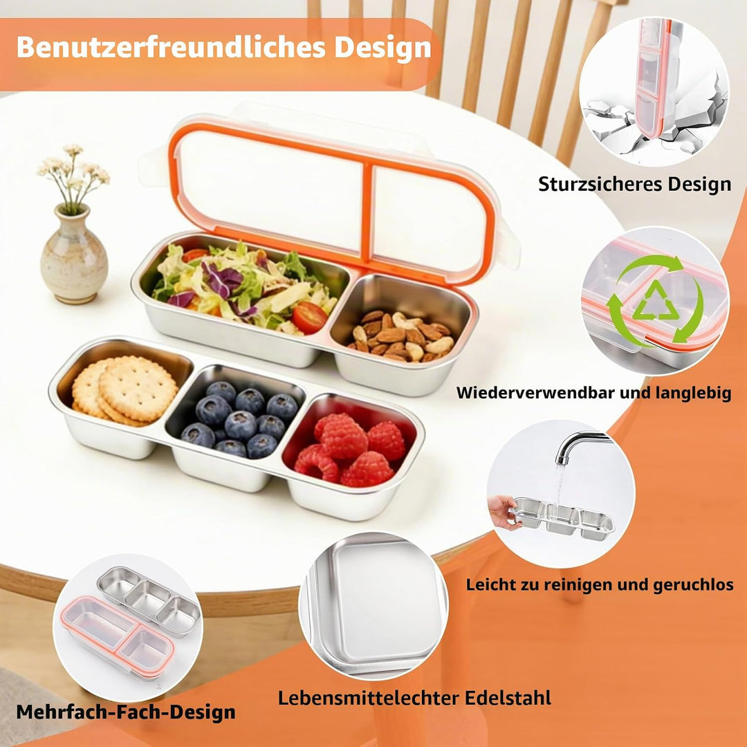 2 Stück Edelstahl Snackbox mit Fächern, wiederverwendbarer Snackbehälter mit luftdichtem Decke, ausl