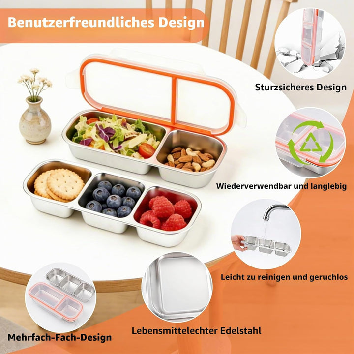 2 Stück Edelstahl Snackbox mit Fächern, wiederverwendbarer Snackbehälter mit luftdichtem Decke, ausl