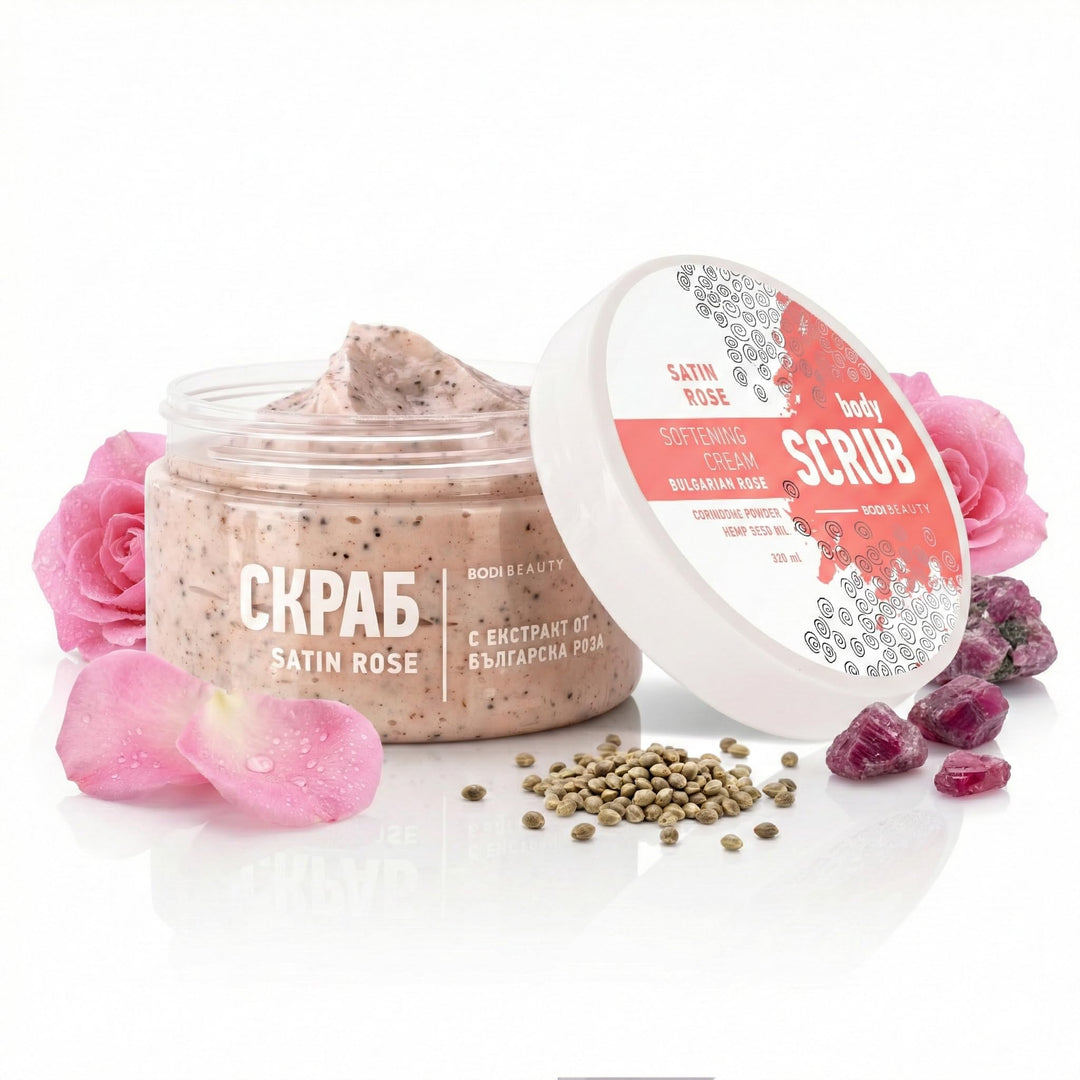 Satin Rose Body Scrub & Körperpeeling 330 ml – Korund, Kokospulver, Rosenextrakt, Sheabutter, D-Pant
