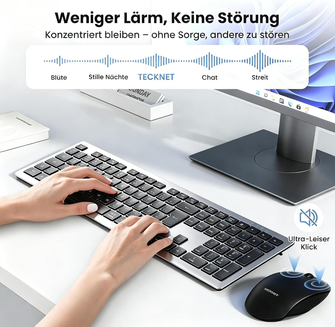 TECKNET Tastatur Maus Set Kabellos, 2.4G Wiederaufladbare Maus und Tastatur | Fullsize Deutsch QWERT