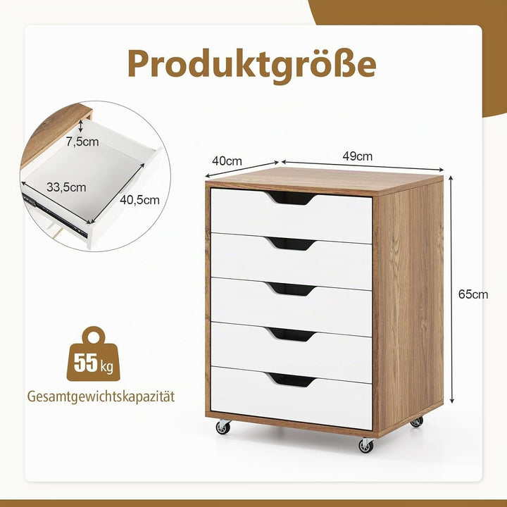FANTASK Mobiler Aktenschrank, Mobiler Aktenschrank mit 5 Schubladen, Rädern, Schubladenkommode (Natü