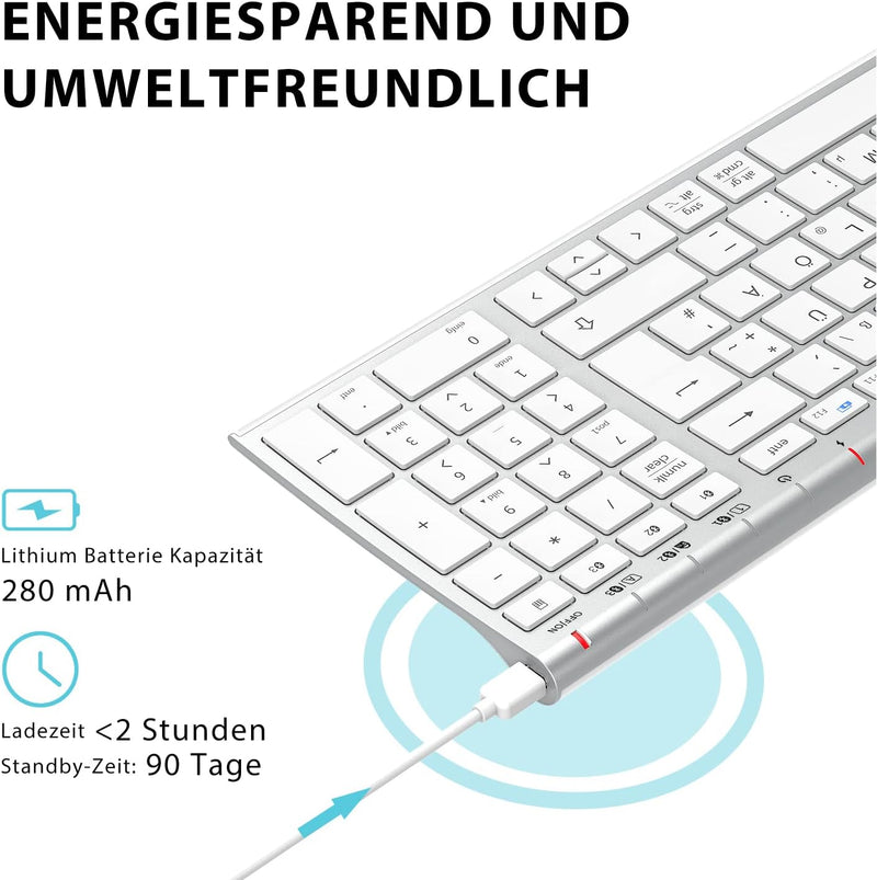 iClever Kabellos Tastatur, BK10 Bluetooth Tastatur Mac mit 3 Bluetooth Kanälen, Ultraslim wiederaufl