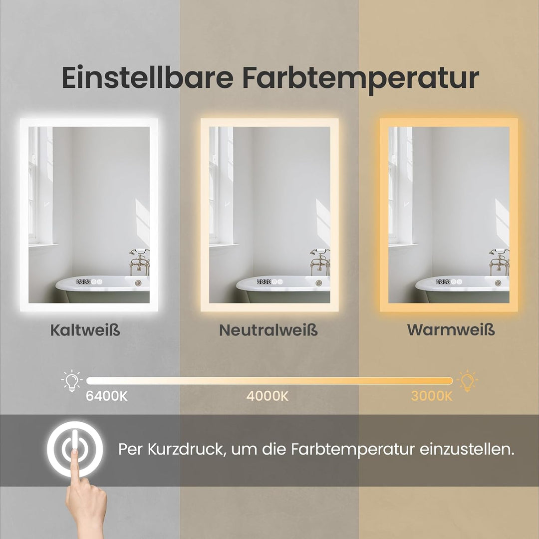 AQUABATOS LED Spiegel mit Uhr 50x70 cm Badspiegel mit Beleuchtung und Uhrzeit 3 Lichtfarben Dimmbar