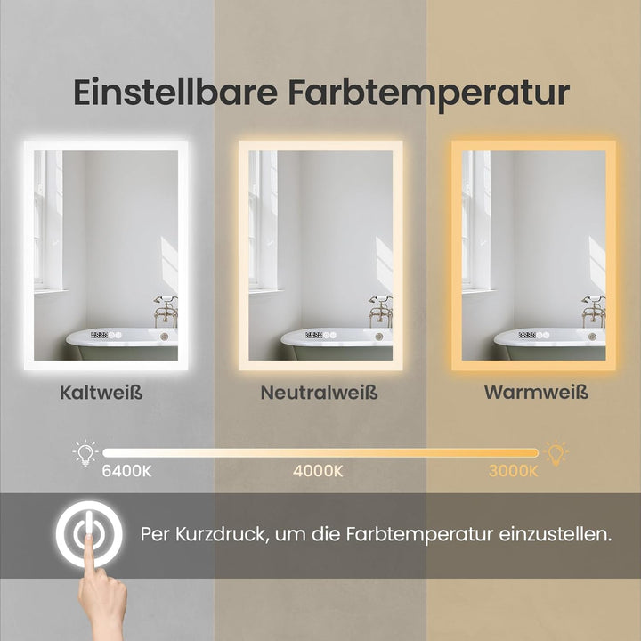 AQUABATOS LED Spiegel mit Uhr 50x70 cm Badspiegel mit Beleuchtung und Uhrzeit 3 Lichtfarben Dimmbar