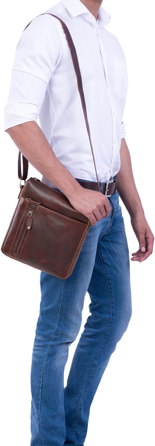 STILORD 'Brady' Messenger Bag Leder Braun klein Umhängetasche Schultertasche für iPad 10,1 Zoll Tabl