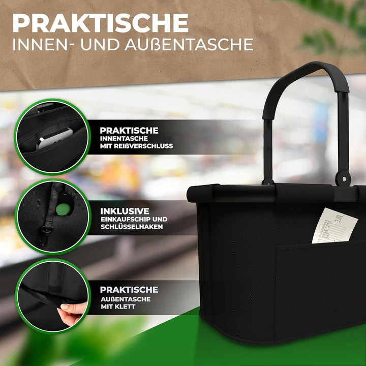 Cottara® stabiler Einkaufskorb gross | Einkaufskorb faltbar mit verstärktem Boden, Frontfach und Inn