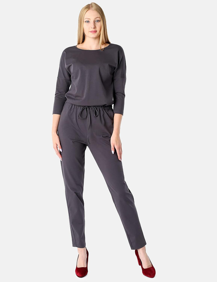 Bellivalini Damen Hosenanzug Einteiler Jumpsuit mit Bindegürtel Freizeitanzug BLV50-212 S Graphite,