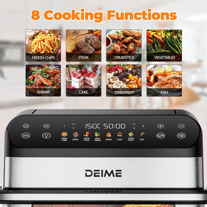 DEIME Dual Zone Air 10L Double 2400W Large Capacity Oven Air Fryers Healthy Cooker with 8 Preset, La
