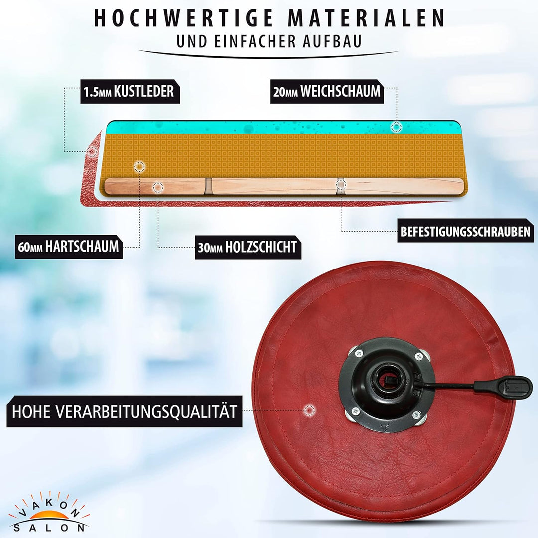 Premium Rollhocker Rot höhenverstellbar von 55 bis 75 cm - Rundsitz- Drehhocker Arbeitshocker Praxis