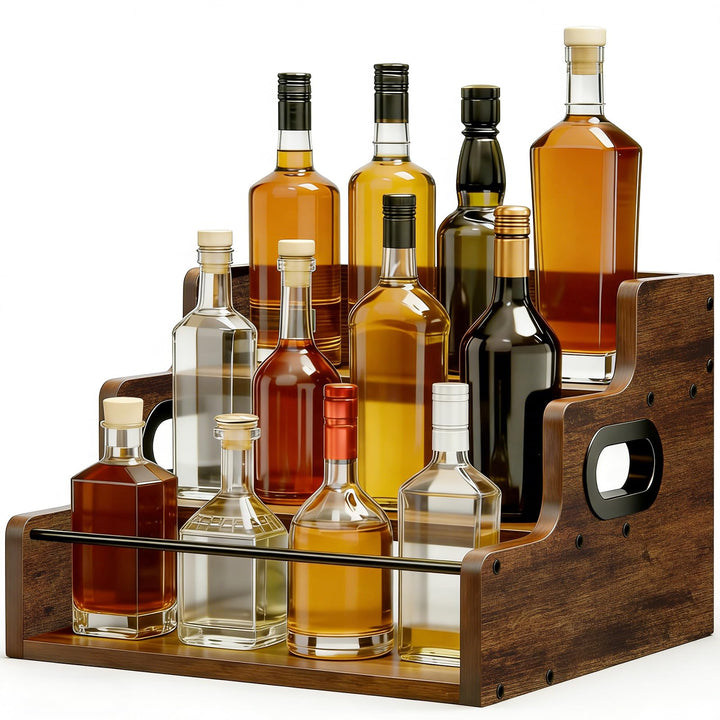 3-stöckiges Weinregal, Flaschenregal, Mini Bar mit Griffen und Ablagen, Sirupregal aus Holz, Weinreg