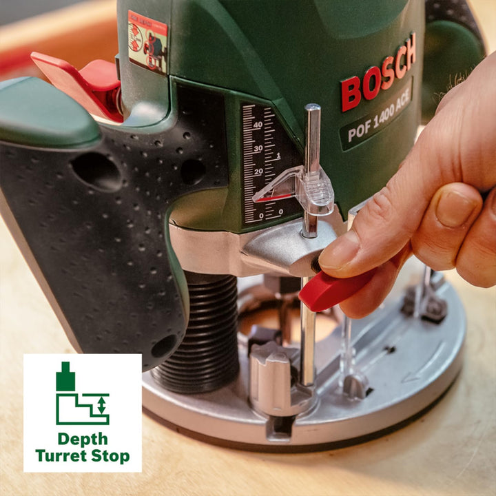 Bosch Home and Garden Oberfräse POF 1400 ACE (3 x Spannzange, Fräser, Parallelanschlag, Absaugadapte