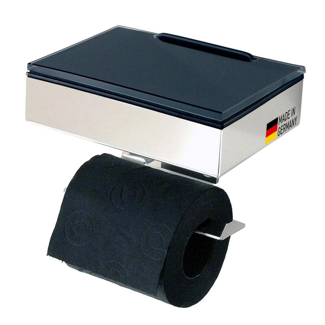 Toilettenpapierhalter mit Feuchttücherbox - Gehäuse Poliert & Abdeckung Glas Schwarz- befüllbar von