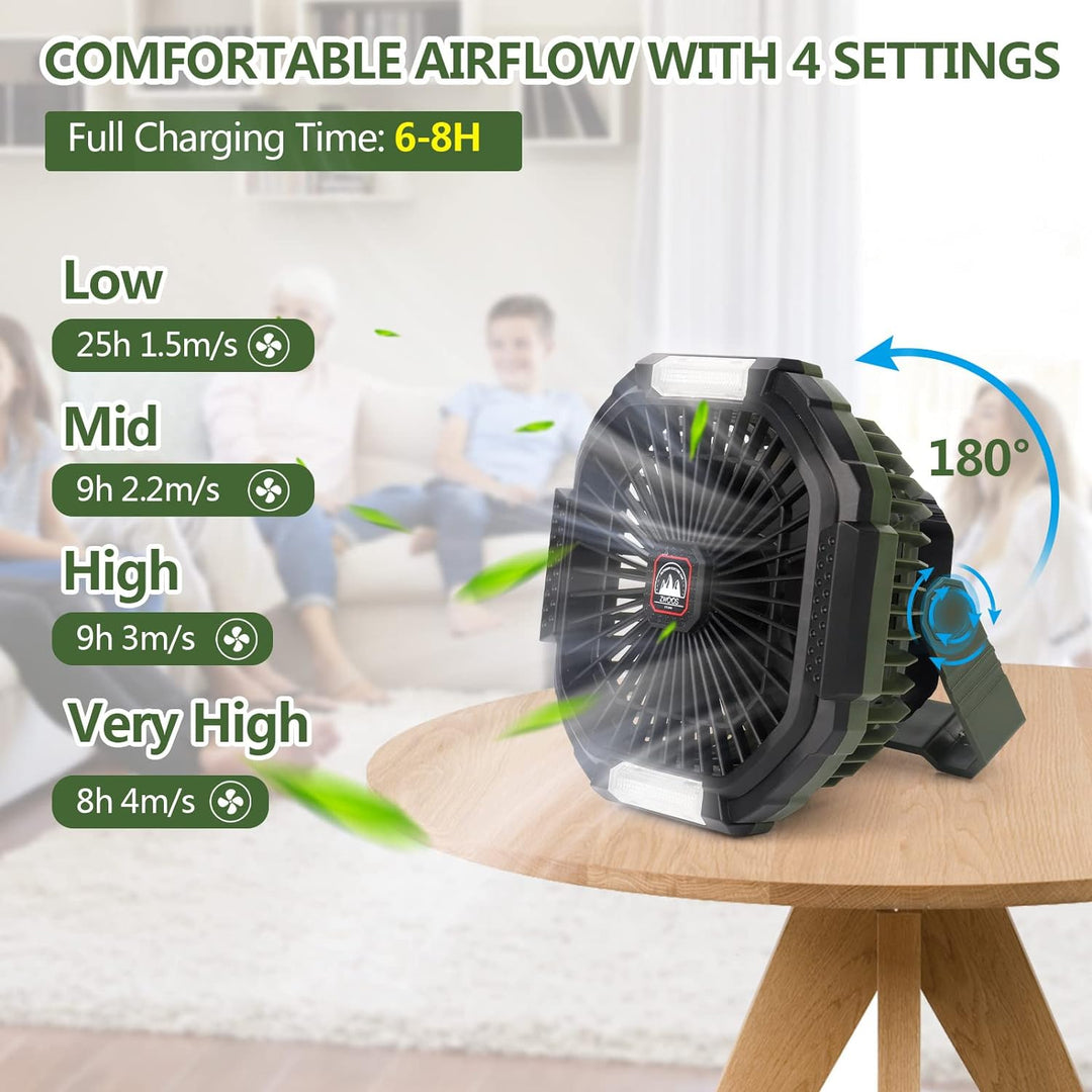 ZWOOS USB Camping Ventilator, 10400mAh Wiederaufladbar Tisch Wand/Leise Ventilator mit 4 Geschwindig