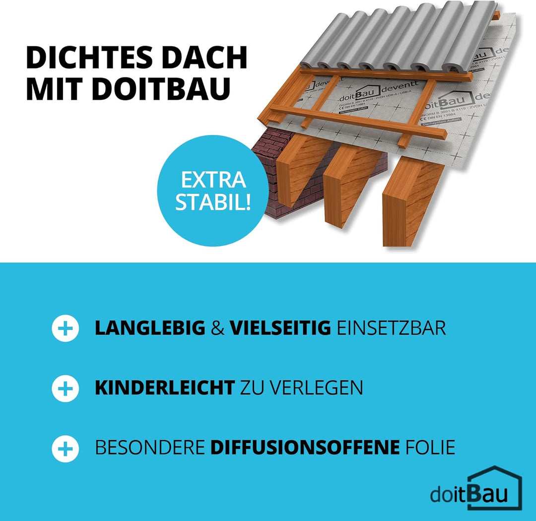 2 doitBau Unterspannbahn 1,5m x 50m (75m²) 100g/m² - Wasserdicht | Diffusionsoffen | Alterungsbestän