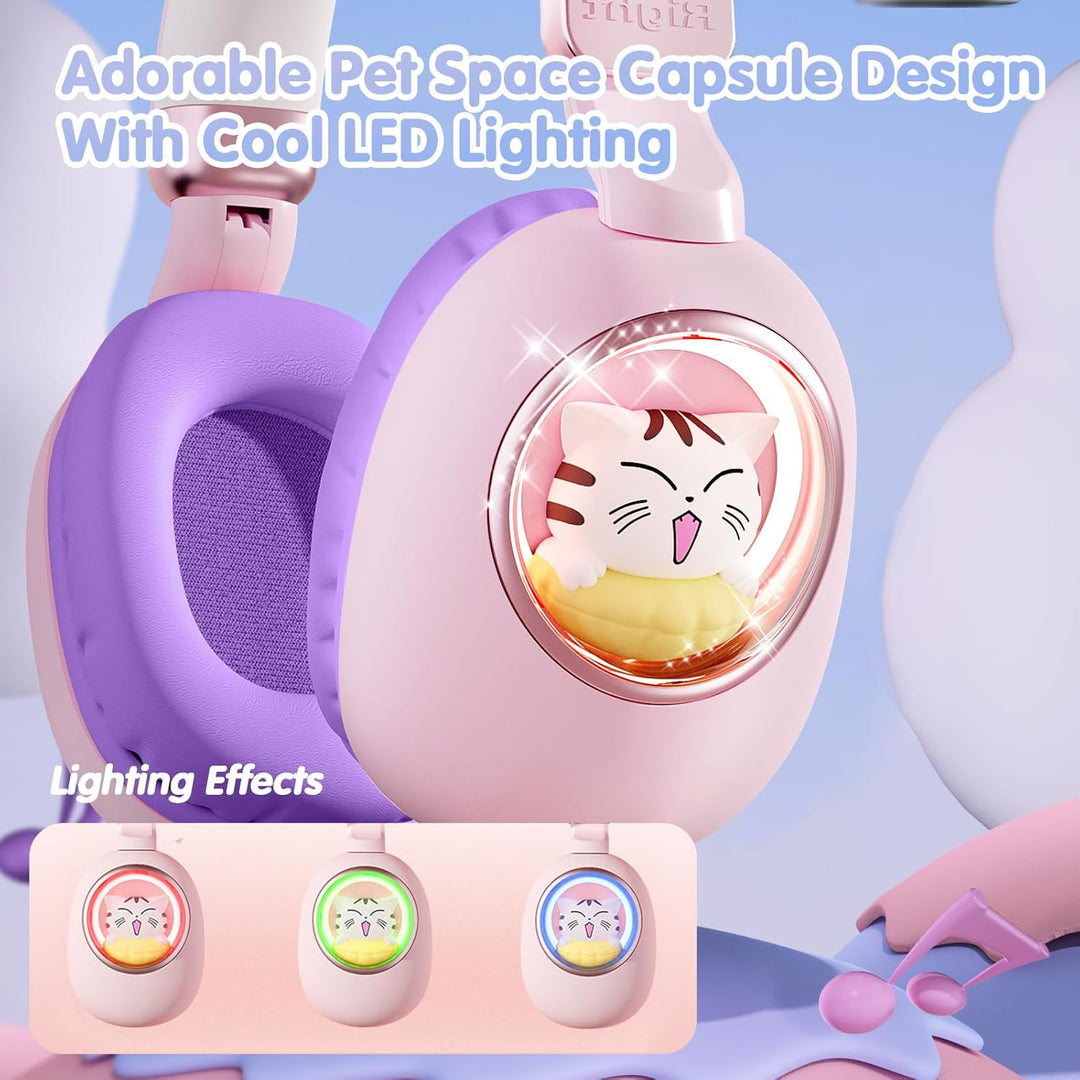 Kinder Kopfhörer mit Katzenohren, Bluetooth 5.4 Over-Ear Noise Cancelling Kopfhörer mit Mikrofon, LE