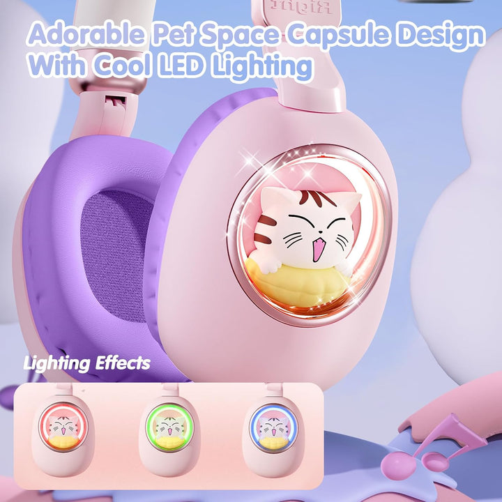 Kinder Kopfhörer mit Katzenohren, Bluetooth 5.4 Over-Ear Noise Cancelling Kopfhörer mit Mikrofon, LE