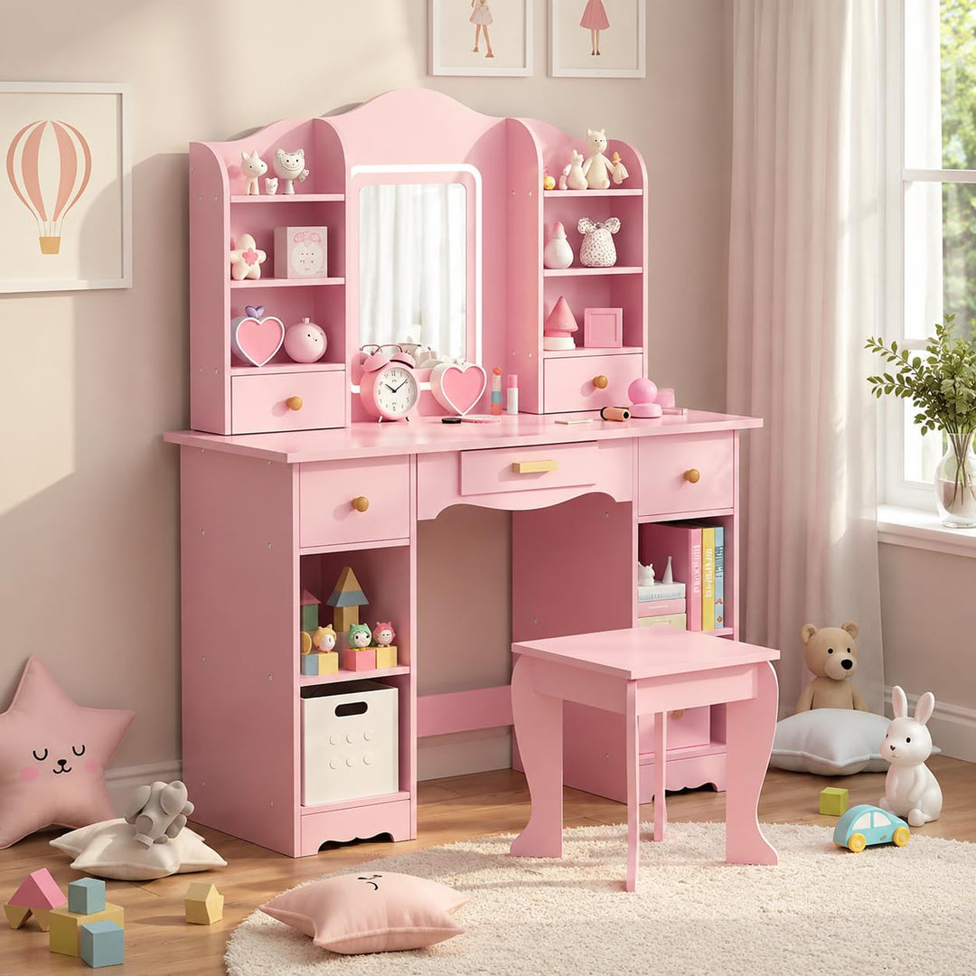 Clevich Schminktisch Kinder Set, Kinderschminktisch mit LED Beleuchtung, 5 Schubladen, 10 Staufächer