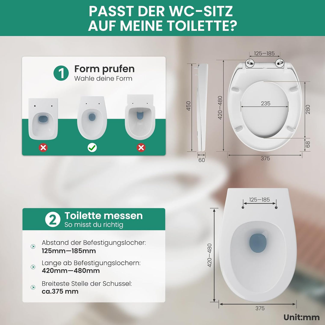 Verstärkter Toilettendeckel mit Absenkautomatik, WC-Sitz Oval, Klodeckel mit Antibakterielle, Toilet