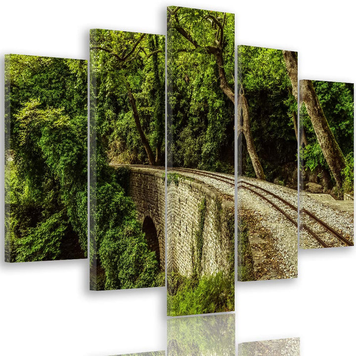 Feeby Bild auf Leinwand Landschaft 5 Teilig Modern Natur Bäume Gleise grün 200x100 cm Leinwandbild 2