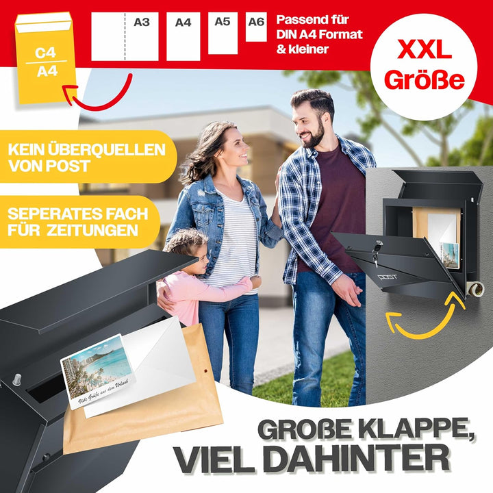 KESSER® Briefkasten mit Zeitungsfach Wandmontage Wandbriefkasten Edelstahl, 2X Schlüssel abschliessb