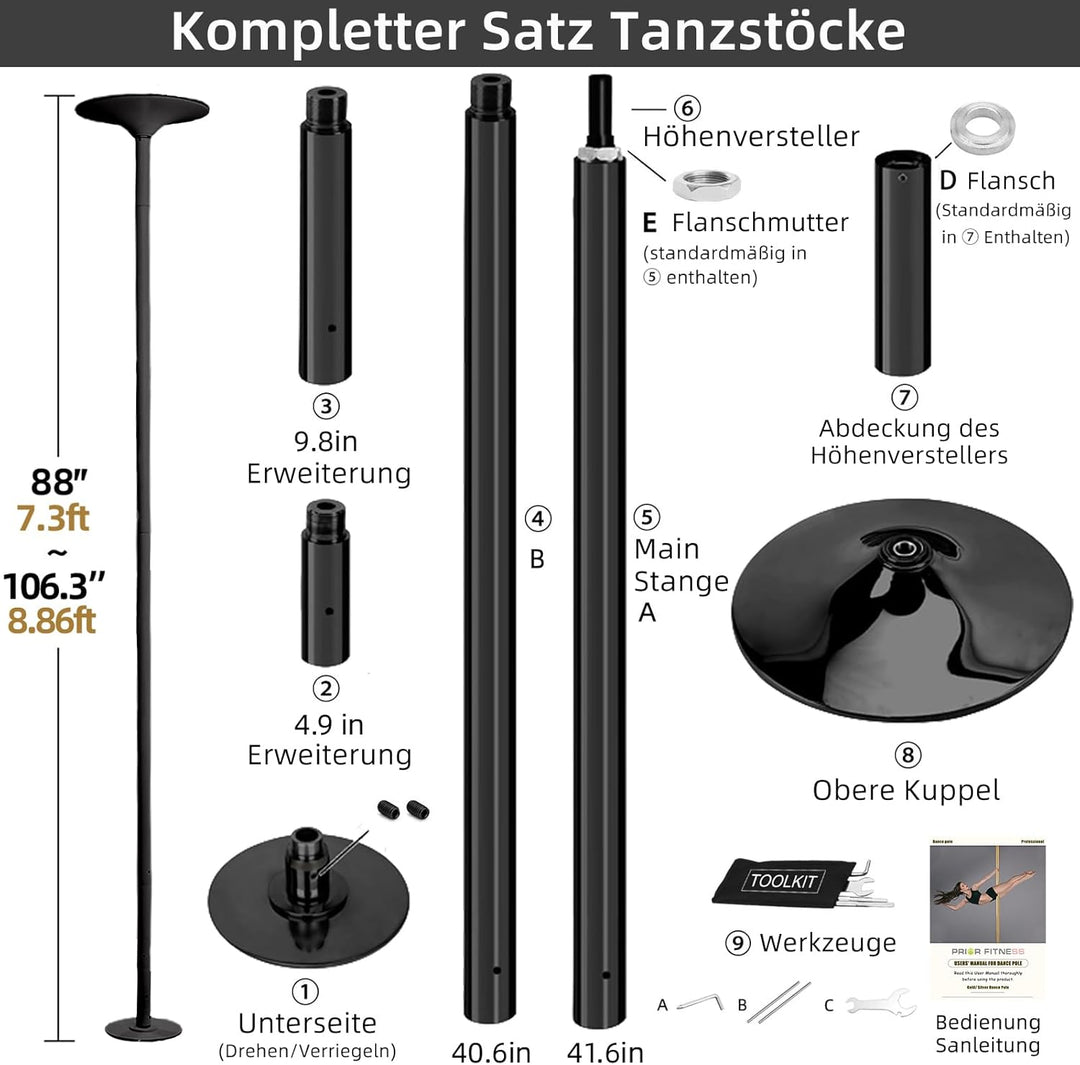 PRIOR FITNESS Pole Dance Tanzstange 45mm von 2,35 bis 2,74 m Höhenverstellbar,2 Modi: drehend/statis