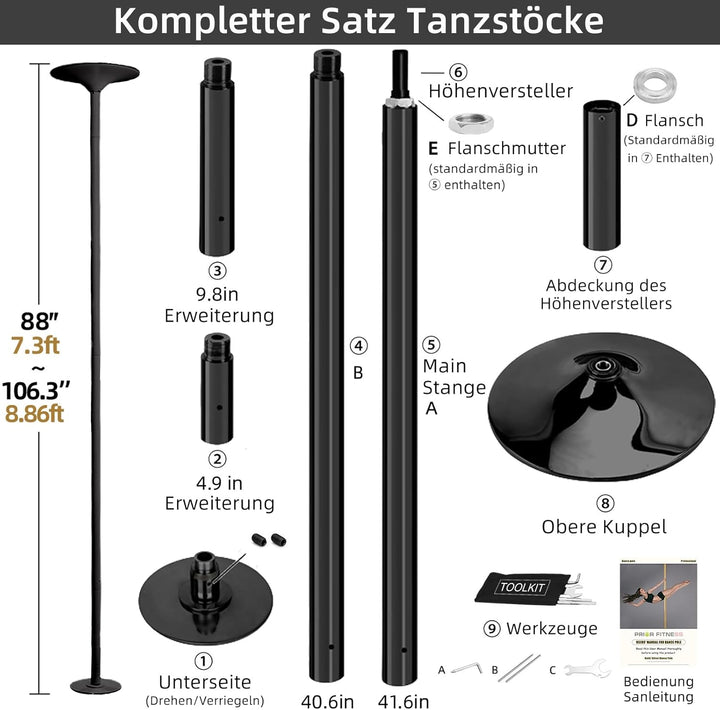 PRIOR FITNESS Pole Dance Tanzstange 45mm von 2,35 bis 2,74 m Höhenverstellbar,2 Modi: drehend/statis