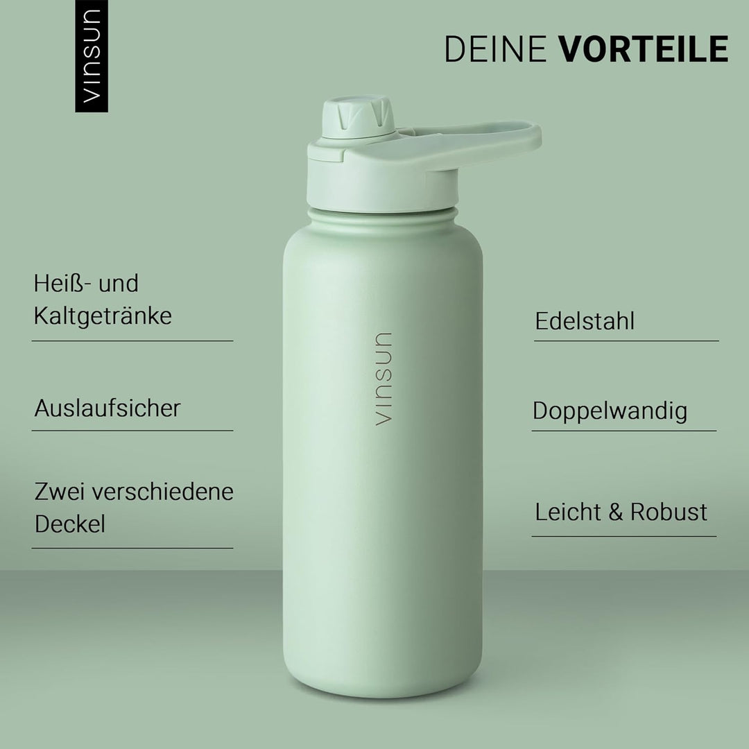 Vinsun Trinkflasche Edelstahl grün 750ml - auslaufsicher, Kohlensäure geeignet, BPA frei - Strohhalm