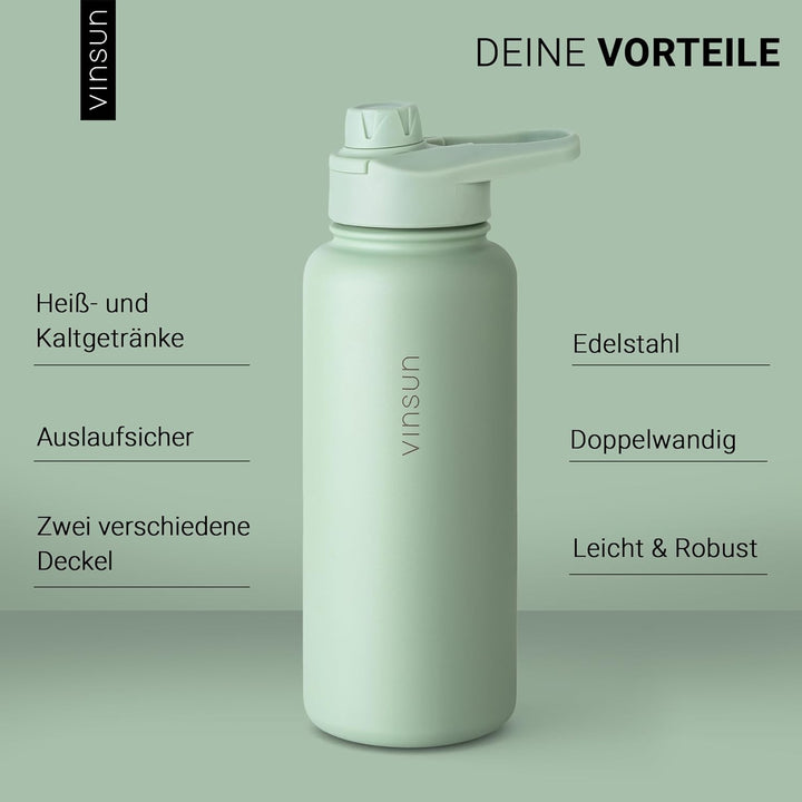 Vinsun Trinkflasche Edelstahl grün 750ml - auslaufsicher, Kohlensäure geeignet, BPA frei - Strohhalm