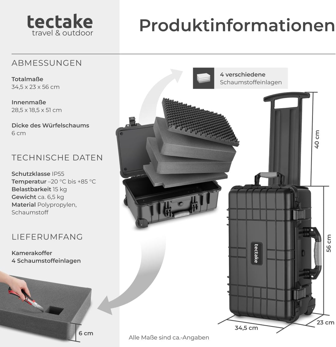 tectake® Transportkoffer leer mit Schaumstoff, Universalkoffer mit Rollen, wasserdichter Koffer, Tro