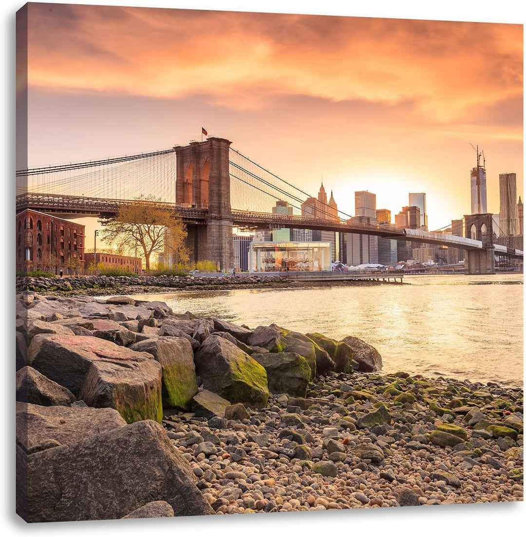 Pixxprint Brooklyn Bridge Sonnenuntergang als Leinwandbild/Grösse: 70x70 cm/Wandbild/Kunstdruck/fert