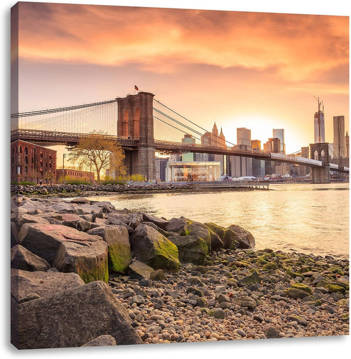 Pixxprint Brooklyn Bridge Sonnenuntergang als Leinwandbild/Grösse: 70x70 cm/Wandbild/Kunstdruck/fert
