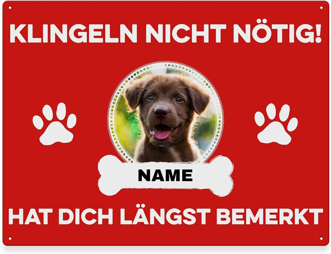 Hunde Schild personalisiert - Klingeln nicht nötig - Metallschild mit Foto und Name für aussen, wett