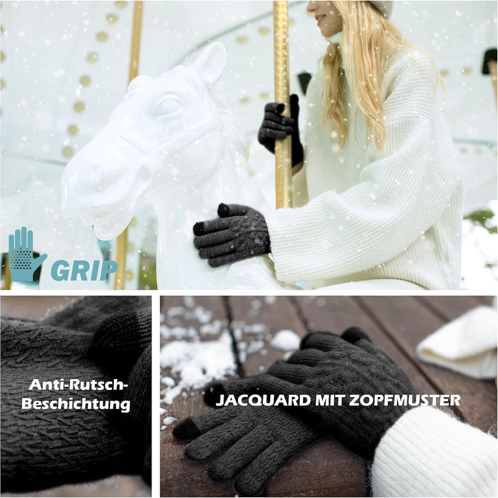 Alpaka Handschuhe Damen Fleece Doppelfutter &amp; Touchscreen - Thermo Winterhandschuhe mit Anti-Rutsch